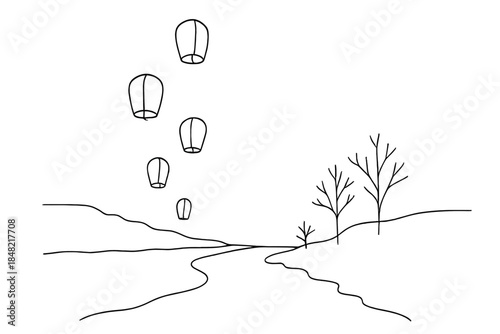 Riverside Lanterns Minimalism. New Year lanterns riverside. Minimalistic one-line drawing lanterns ascending