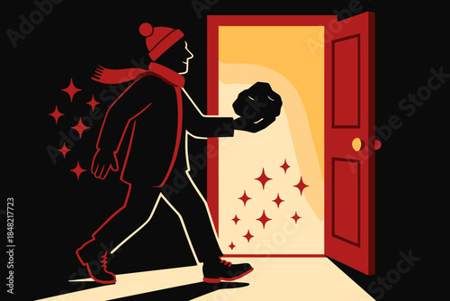 Scottish First-Footing Scene. Scottish first-footing. A visitor with a symbolic gift (coal or bread) steps