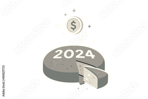 Glowing Vasilopita Slice. Greek New Year coin bread. A stylized Vasilopita loaf glows as a slice is cut,