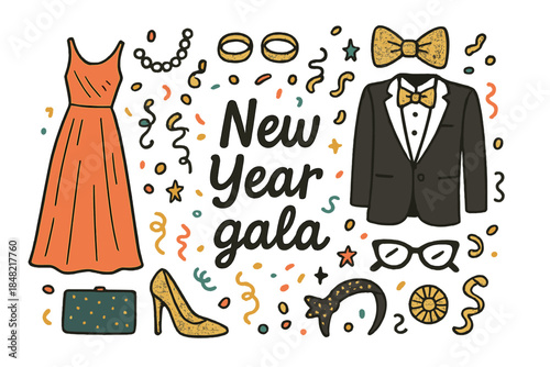 New Year Gala Illustration. New Year gala. Hand-drawn doodle illustration of New Year gala. Elegant dress,