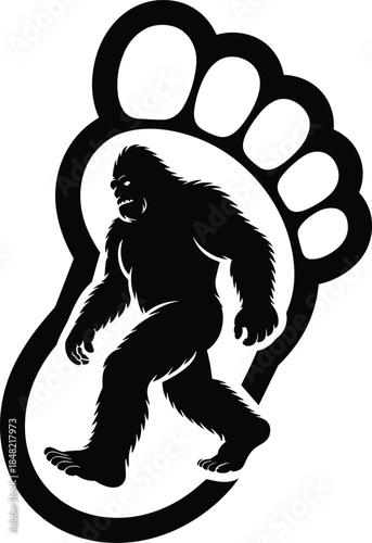 Black and white of a hairy creature inside a paw print shape