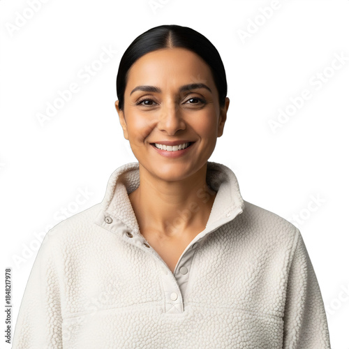 Smiling 50s Middle Eastern woman in cream fleece, radiating comfort and joy. Ideal for wellness, self-care, mature beauty, senior living, Mother's Day, or autumn/winter lifestyle content.