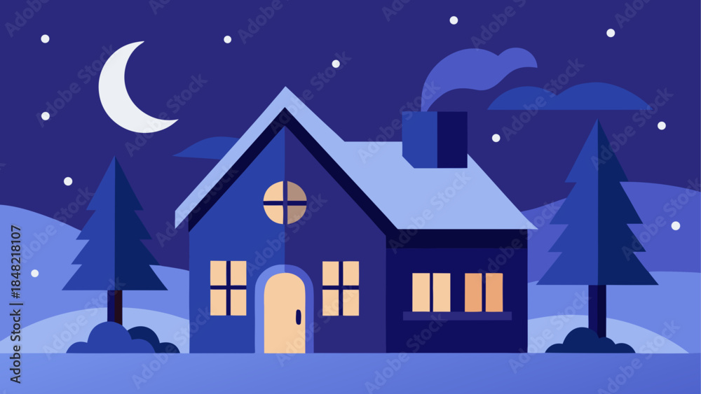 Fototapeta premium A cozy house with warm lights glowing at night under a crescent moon and starry sky