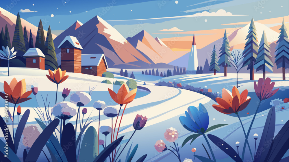 Naklejka premium Vibrant flowers emerge from the snow in a serene winter mountain village landscape