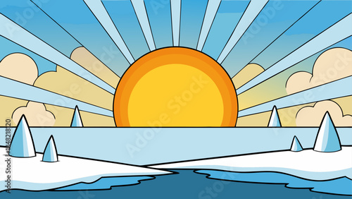 Bright sunburst over a serene icy wilderness at dawn with stylized clouds and conical ice formations