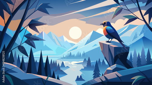 A vibrant bird watches over a serene mountainous landscape at sunrise with a calm river