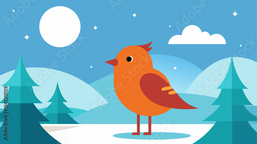 A charming orange bird stands in a serene winter wonderland under a full moon