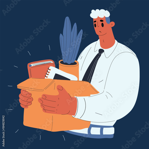 Cartoon vector illustration of a man holding a box of his belongings after being fired, facing an unexpected change against dark background