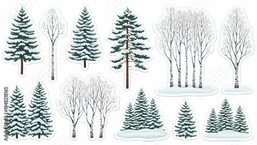 Snowy trees and bare winter landscape illustrations