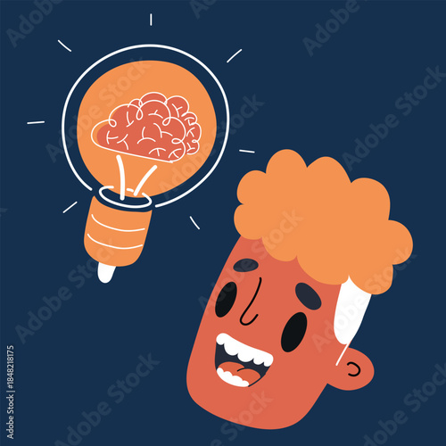Cartoon vector illustration of a man with a light bulb containing a brain inside, representing an idea, insight, or sudden inspiration against dark background