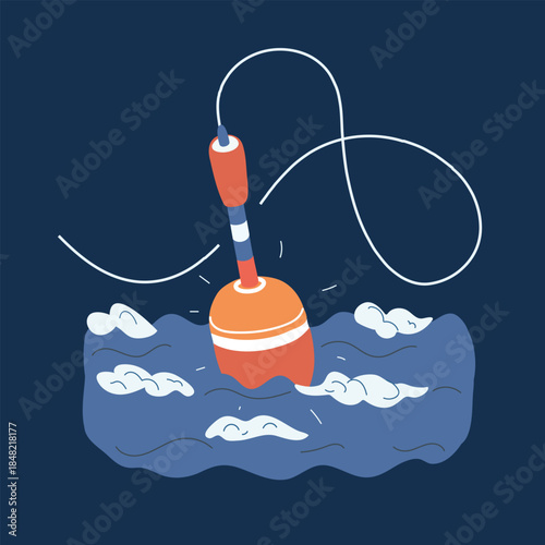 Cartoon vector illustration of a fishing float bobbing on waves, drifting on the water surface against dark background