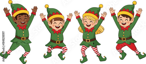Happy Christmas elves dancing and jumping together festive holiday cartoon characters isolated white background cute vector illustration set
