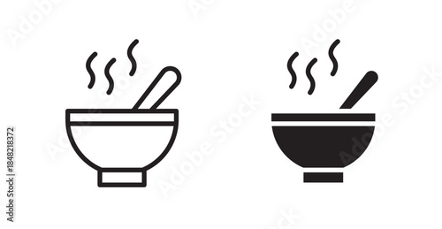 Bowl of soup icons, black line art and clipart vector logo