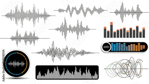 Detailed collection of sound waves and audio equalizer bars, visualizing music frequencies on a bright studio background, representing digital sound analysis and technology.