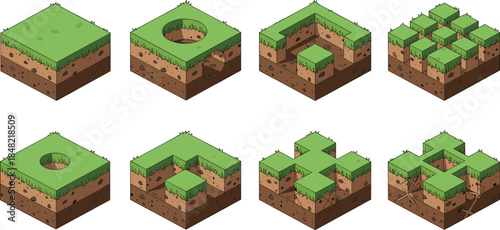 Isometric grass soil block set with holes steps and modular terrain shapes for game environment landscape vector illustration collection