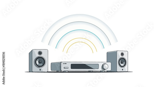 Modern home stereo system with receiver and two speakers emitting sound waves, symbolizing clear audio and music entertainment on an isolated white background.