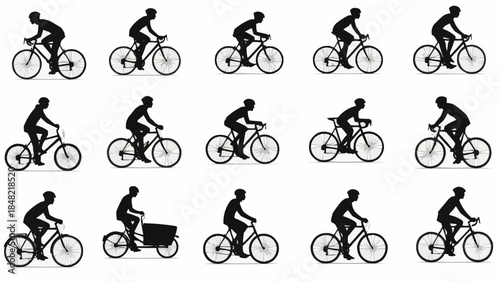 Cyclist riding bicycles in various poses and styles