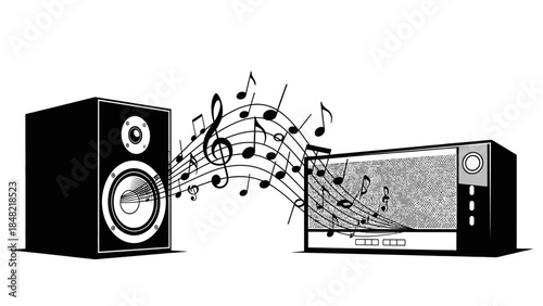 Loudspeaker and vintage stereo system playing music with flowing musical notes, symbolizing entertainment and sound on an isolated white background.