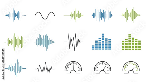 Set of various sound waves, audio equalizer bars, and volume meters for music and frequency visualization in a bright studio.