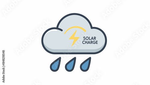 Cloud with "SOLAR CHARGE" text, lightning bolt, and raindrops, symbolizing solar energy and rain weather on an isolated white background.