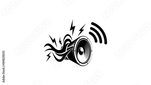 Dynamic speaker icon emitting loud sound waves and lightning bolts, symbolizing power and energy on an isolated white background.