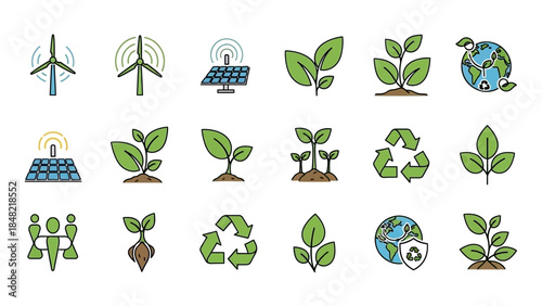 Comprehensive set of green and eco-friendly icons illustrating wind, solar, plant growth, and recycling for sustainability in a bright studio.
