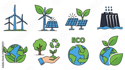 Collection of green and eco-friendly icons representing wind energy, solar power, global earth, and plant growth in a bright studio.