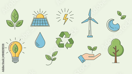Collection of eco-friendly and renewable energy icons featuring solar panels, wind turbine, lightbulb, and plant in a bright studio.