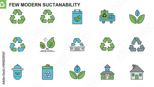 Collection of modern sustainability icons depicting recycling, green energy, and environmental protection in a bright studio.