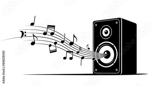 Black Speaker with Flowing Musical Notes, Dynamic Music and Audio Production on Isolated White Background