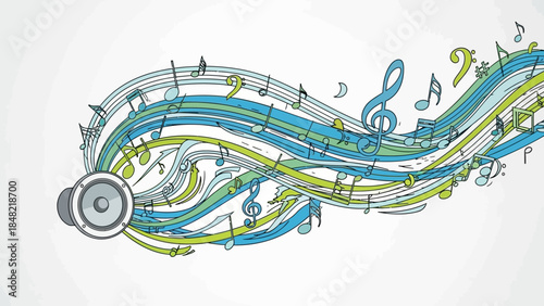Abstract musical staff with flowing lines and colorful notes, emanating from a speaker symbol on a bright studio background.