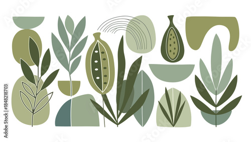 Abstract composition of organic shapes and stylized plants in muted green tones, evoking a sense of calm and nature.