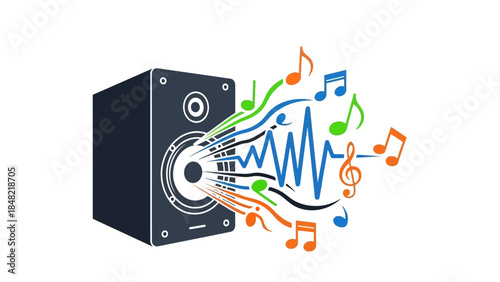 Dark speaker icon emitting vibrant, colorful musical notes and dynamic sound waves on an isolated white background.
