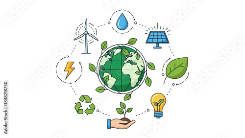Illustration of renewable energy sources and environmental conservation surrounding the Earth.