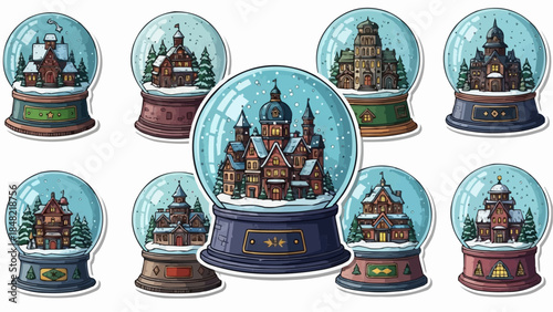 Whimsical snow globes with charming winter castles and snowy scenes
