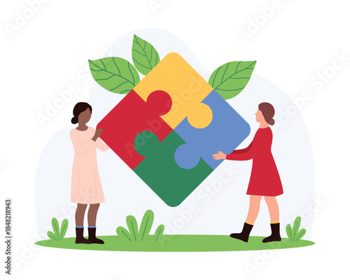 Business teamwork for solving problem and dilemma, goal achievement. Tiny people holding puzzle jigsaw with four pieces to connect, building partnership challenge together cartoon vector illustration