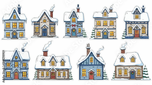 Whimsical snow covered houses with lit windows and chimneys
