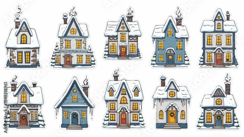 Whimsical snow covered houses with warm lighting for winter wonderland scenes