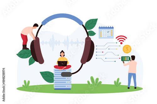 Tech support service, call center, technical solution to solve problem of customer. Tiny people work with headphones and laptop, professional technician holding battery cartoon vector illustration