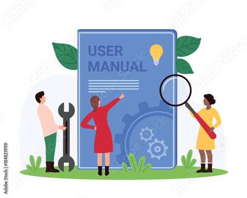 User manual and FAQ, book with policy documents and instructions to solve problem. Tiny people read guidance handbook with magnifying glass, research answer to question cartoon vector illustration
