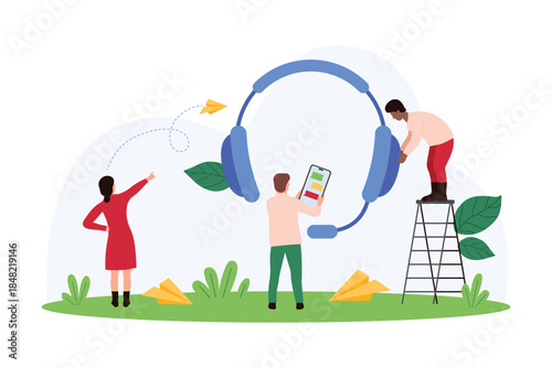 Team members working on customer support tasks. One uses a mobile device, another adjusts a giant headset, while a third directs paper airplanes representing messages vector illustration.