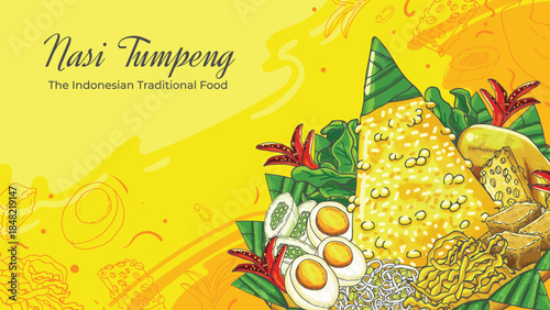 Hand Drawn Nasi Tumpeng The Indonesian Traditional Food Background
