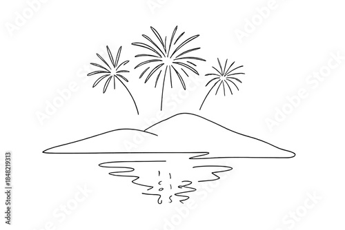 Minimalist Fireworks Elegance. New Year fireworks above riverside hill. Minimalistic one-line drawing