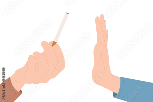 Smoking rejection, addiction and unhealthy behavior win. Scene with hand of smoker and addict offering tobacco cigarette to person with stop gesture of refusal to smoke cartoon vector illustration