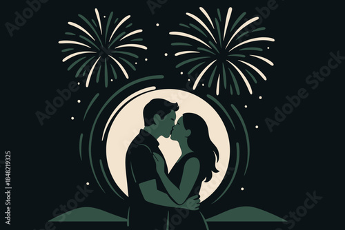 Fireworks Kiss Reflection. Kiss reflected in fireworks. A couple stands close as bright firework blooms mirror