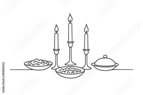 Minimalist Candlelit Dinner. Festive dinner candlelight. Minimalistic one-line drawing a table with candles