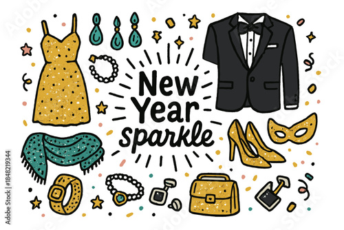 New Year Dazzle. New Year sparkle. Hand-drawn doodle illustration of New Year sparkle. Glitter dress, tuxedo,