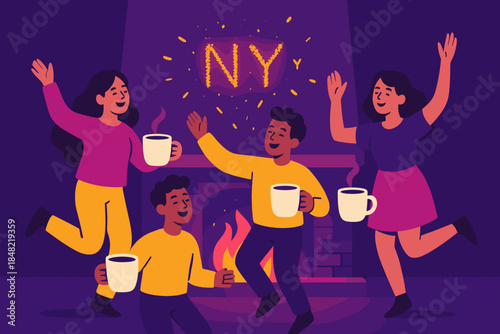 Festive Fireplace Dance. Cozy fireplace celebration. Friends dance near a crackling fire, sparks forming tiny