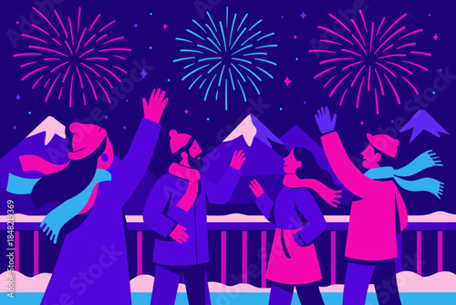 Fireworks on Snowy Terrace. Snowy terrace celebration. Friends step outside to watch fireworks above mountain