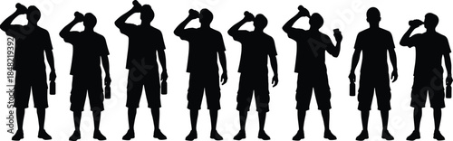 Man drinking water silhouette sequence set showing hydration routine after workout or summer heat black vector illustration collection